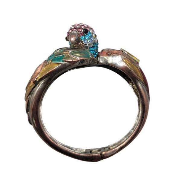 Betsey Johnson Parrot Head Bracelet Rhinestone Enamel Hinged Magnet Clamper 6.5" - Picture 1 of 16